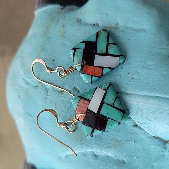 Santo Domingo Pueblo Inlaid Earrings Southwestern Boho Gift Western - Picture 2 of 6